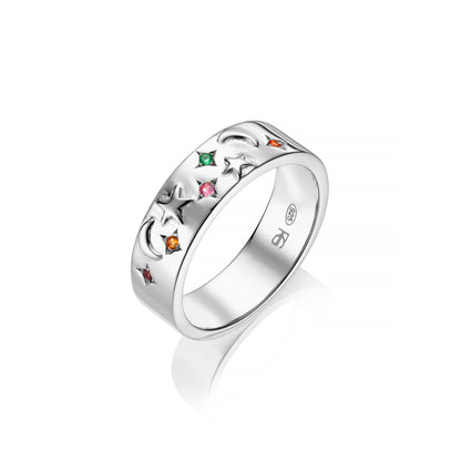 Multi gemstone moon and star celestial ring in sterling silver