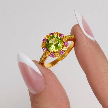 PERIDOT, RHODOLITE & CITRINE CANDY COCKTAIL RING