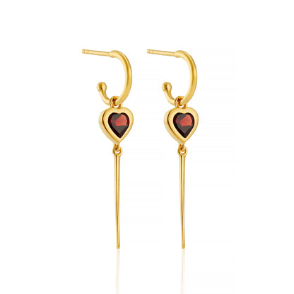 red garnet gemstone heart hoop drop earrings white background