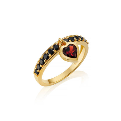 Red garnet and black onyx heart charm ring