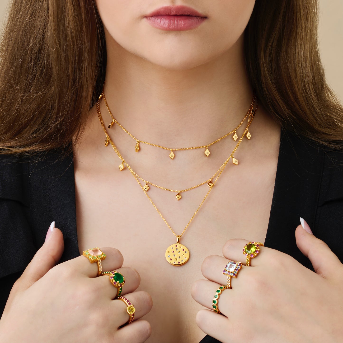 Fool's gold gemstone jewellery collection on model