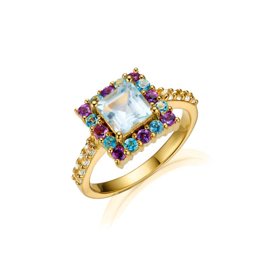Amethyst & blue topaz gemstone square cocktail ring with white background