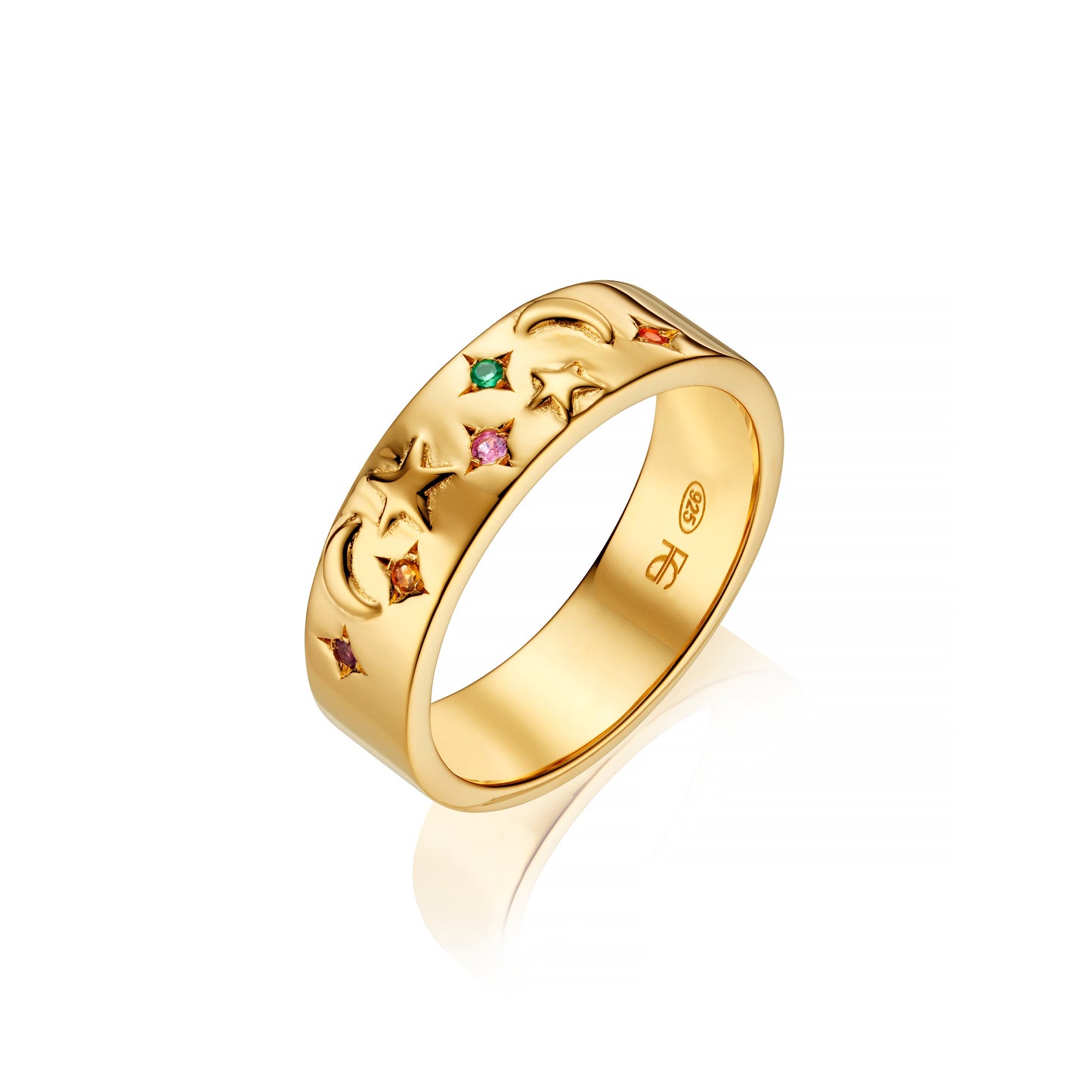 Multi gemstone moon and star celestial ring in gold