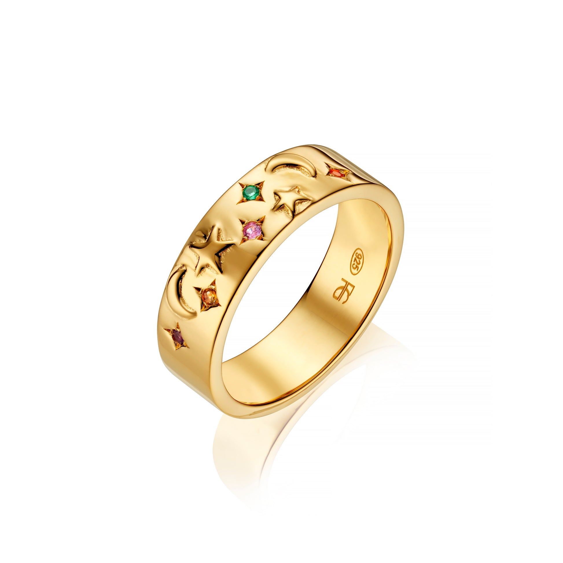 Multi gemstone moon and star celestial ring in gold