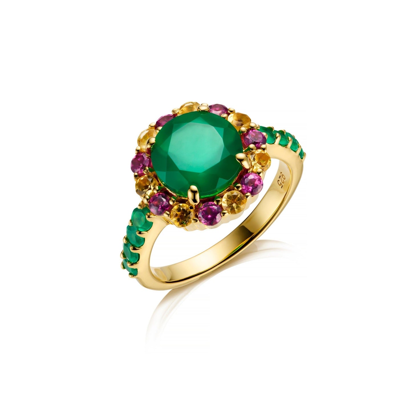 Green onyx rhodolite & citrine gemstone cocktail ring white background