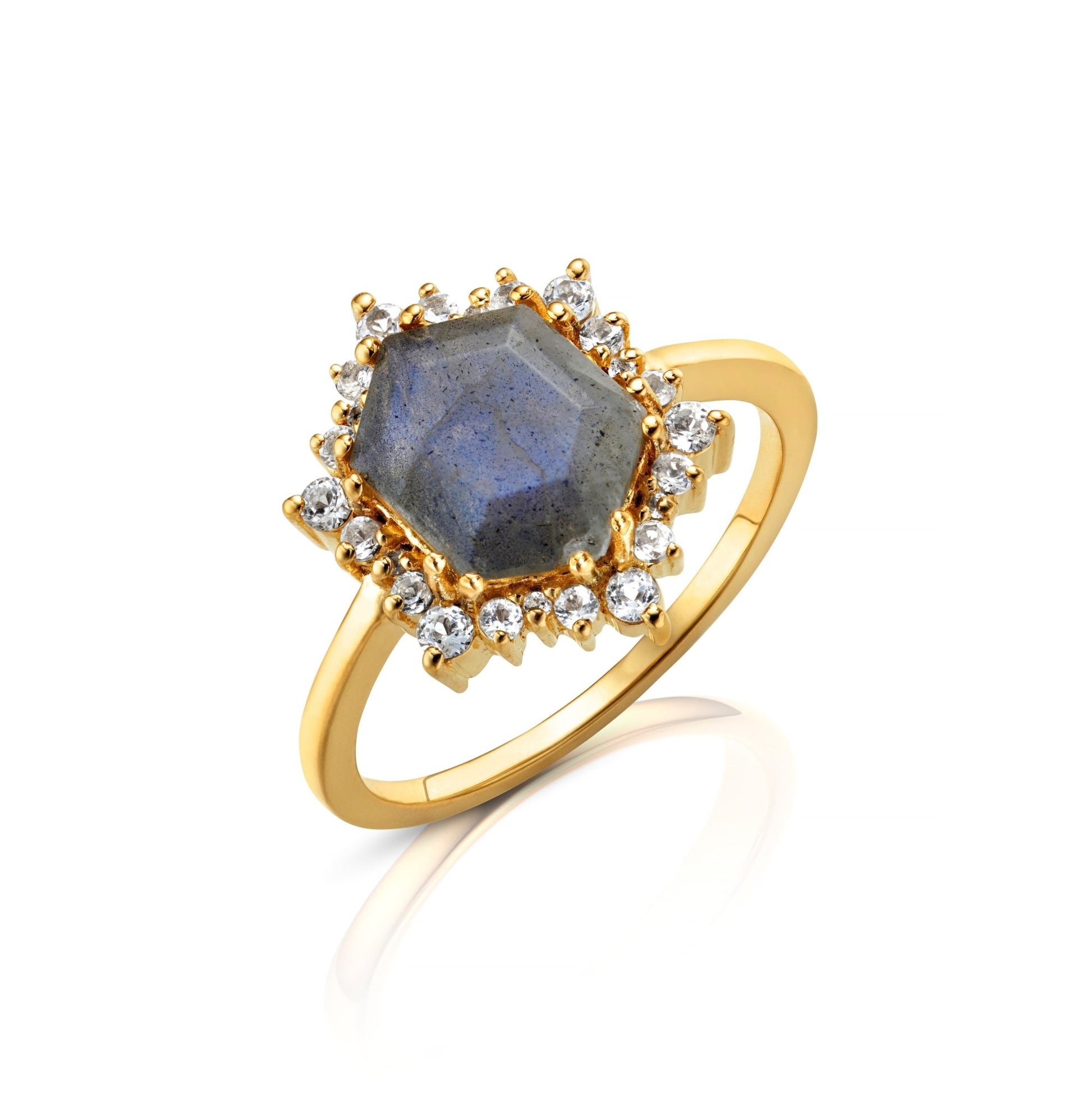 HEXAGON LABRADORITE HALO RING - Fool's Gold Jewellery